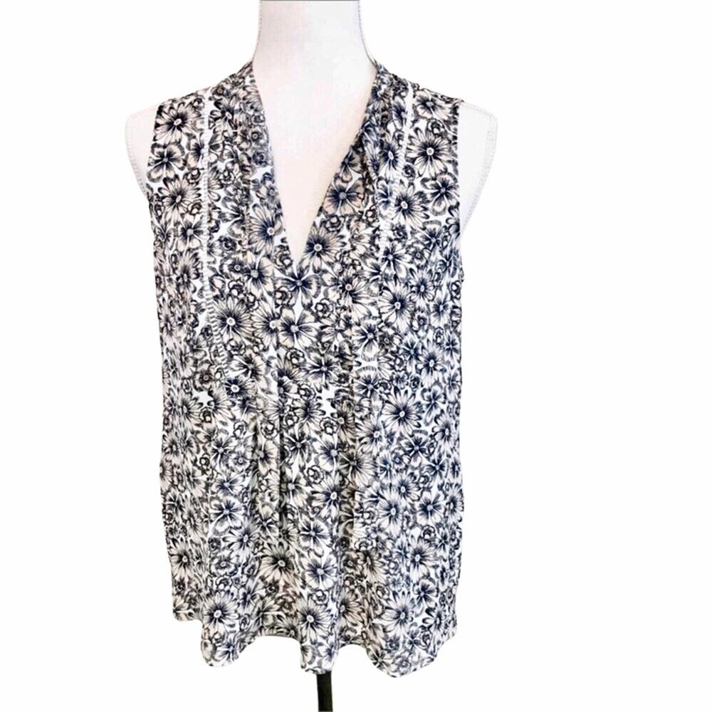 Banana Republic NWT Sleeveless Blouse Floral Print Tan Black & Cream